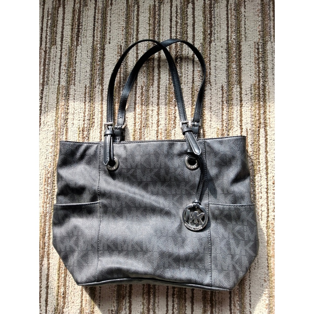 Michael Kors Jet Set Travel Tote Black Signature Logo Shoulder Bag Silver Tone